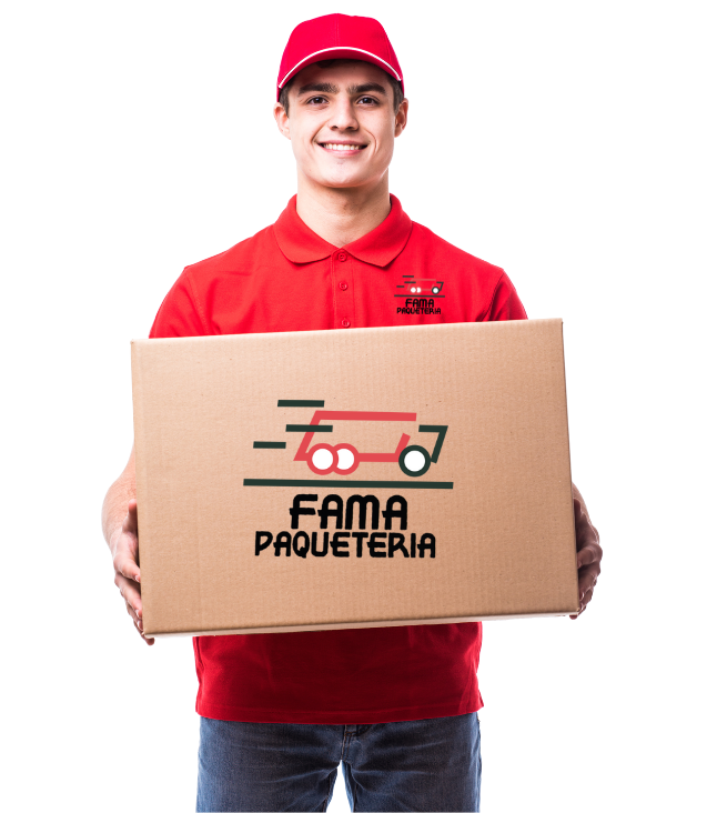 Repartidor de Fama Paquetería con un paquete
